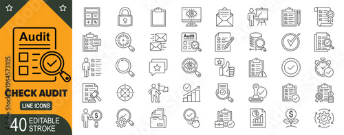 Check audit line icons set. Verification, compliance, inspection, approval, risk analysis and financial report editable stroke vector collection.