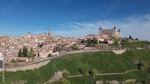 Aerial view of Toledo historic skyline with Alcazar and Cathedral, medieval cityscape in Castilla La Mancha Spain