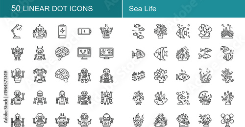 Robotics and sea life linear dot icons set with robot technology underwater animals and marine symbols vector illustration isolated on white background