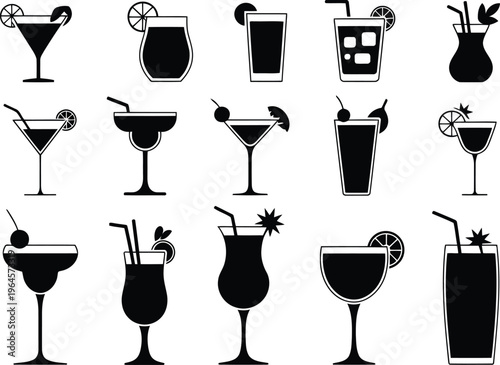 Black silhouette icons of various cocktails and mixed drinks in different glasses