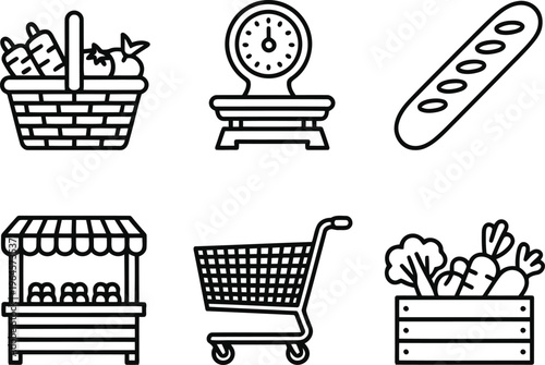 Grocery shopping and fresh food market icon set
