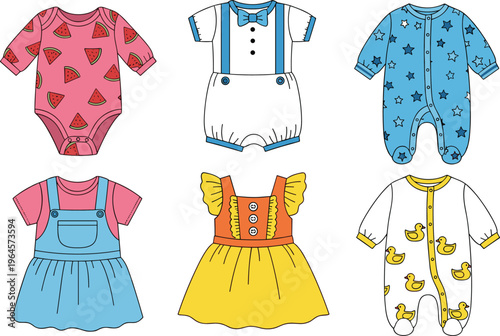 Set of baby clothes outfits including bodysuits dress and rompers isolated on white background kids fashion vector illustration collection