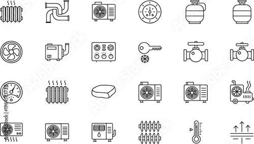 HVAC and climate control systems vector icon set featuring air conditioning heating ventilation units radiators and industrial cooling equipment.