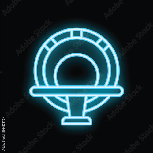 Neon icon of a magnetic resonance imaging machine glowing blue on black background