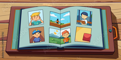 Different photos in open photo album on wooden table, top view
