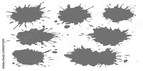 Set of grey ink splatters and paint splash shapes on white background, abstract grunge liquid blots collection