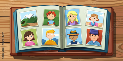 Different photos in open photo album on wooden table, top view
