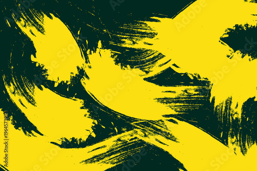 Abstract expressionist painting featuring bold yellow and dark green brushstrokes