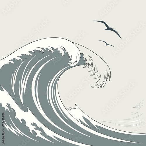 A large wave crashes with seagulls flying overhead