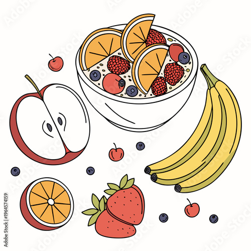 A bowl of oatmeal with fruit including bananas and apples and berries