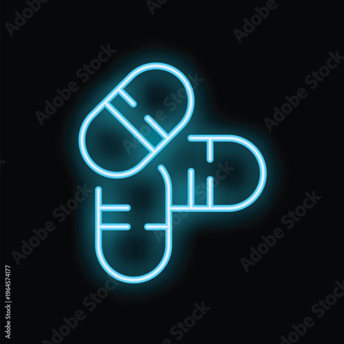 Blue neon sign illustrating medicine capsules, representing concepts of healthcare, pharmaceuticals and treatment