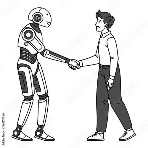 A robot and a man shaking hands