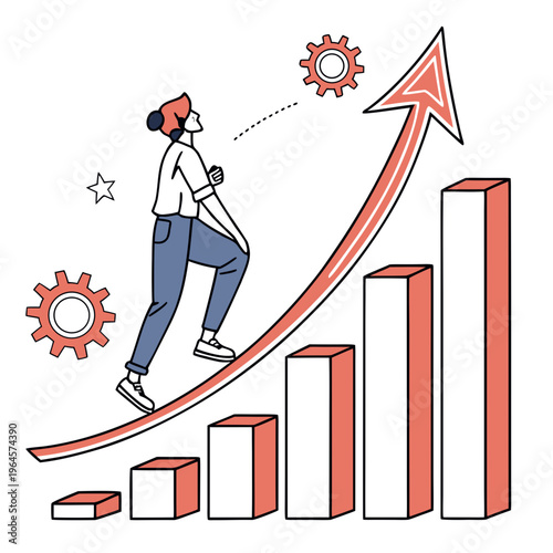 Businessman climbing up a growing graph with upward trend