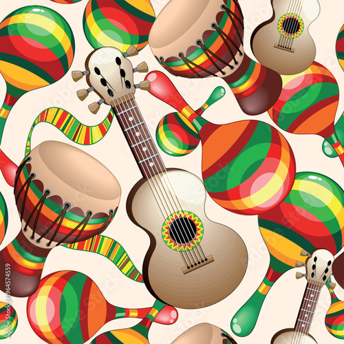 Bongo percussion, Guitar, Maracas Exotic Music Instruments Vector EPS Icons Illustrations assembled to compose a Vector Seamless Repeat Cloth Pattern Design