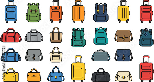 Travel Bag and Luggage Vector Icon Set Featuring Suitcases, Backpacks, Handbags, and Duffel Bags for Tourism, Vacation, and Transportation Design