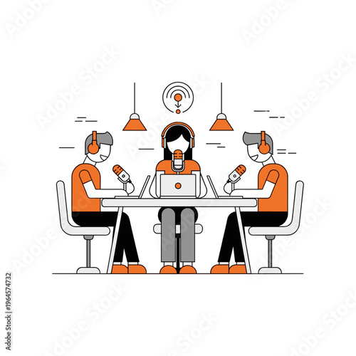 Minimalist line art illustration of podcast host and guests recording show in studio room.