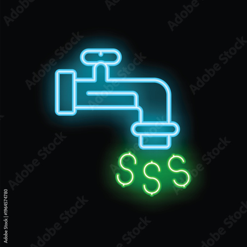 Neon blue faucet pouring green dollar symbols on dark background representing passive income and wealth concept