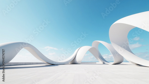 Futuristic white parametric architecture with flowing wave curves, minimal modern exterior design