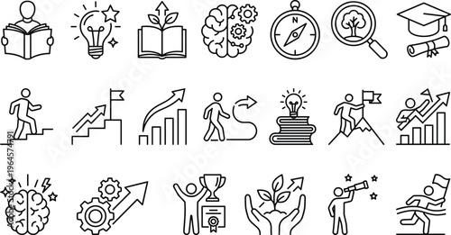 Success, Growth, and Education Icon Set Featuring Learning, Achievement, Motivation, and Goal Setting Symbols for Digital Media and Websites