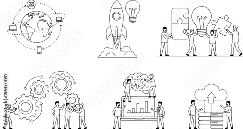 Flat vector illustration set of business and technology metaphors including global connectivity rocket launch and gears for innovation.