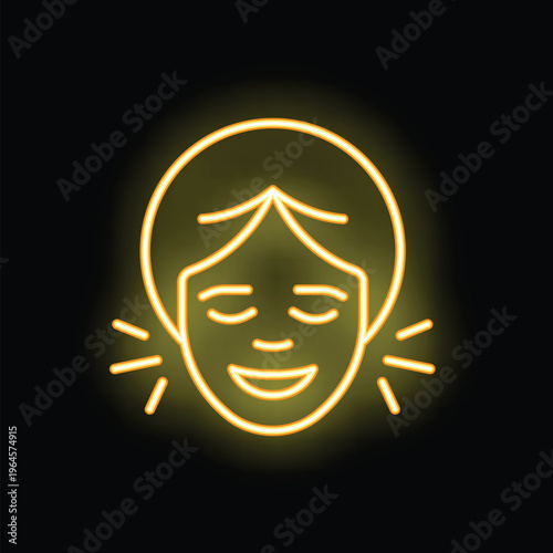 Yellow neon sign representing the face of a happy woman whispering a secret with closed eyes on a black background