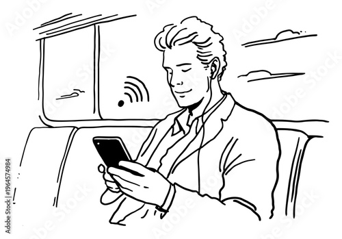 Man using a smartphone with headphones while commuting on public transport minimalist sketch style