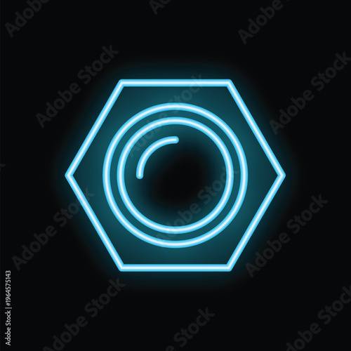 Blue neon sign shaped like a hex nut glowing on a black background