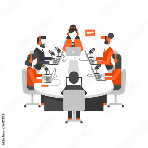 Top view perspective of business team conducting podcast recording around circular table.