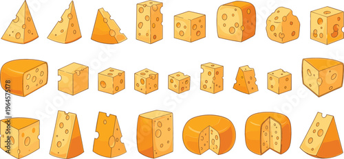 Cheese Vector Collection Featuring Various Types of Swiss and Hard Cheese Blocks, Slices, and Wheels for Food, Dairy, and Culinary Design Projects