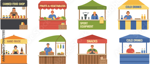 Flat vector illustration of market stalls set including canned food, fruits vegetables, snacks, handmade goods, sports equipment and cold drinks