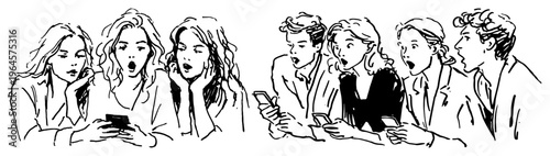 People looking shocked at smartphone screens in hand drawn sketchy style