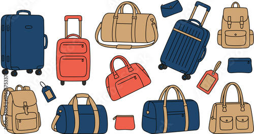 Travel Bags and Luggage Collection Featuring Suitcases, Backpacks, Handbags, Duffel Bags, and Carry On Items for Vacation, Tourism, and Journey Design