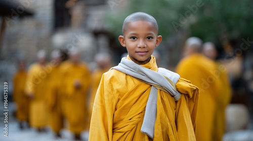 Buddhist novice receives saffron robes from senior monks in monastery courtyard at twilight, ordination ceremony and religious dedication commitment, ideal for monastic traditions, spiritual calling