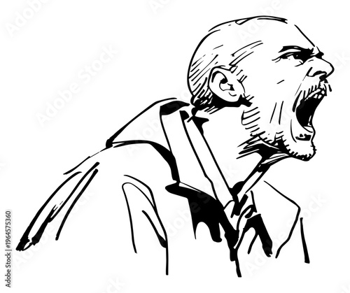 Man shouting with aggressive facial expression hand drawn sketch style