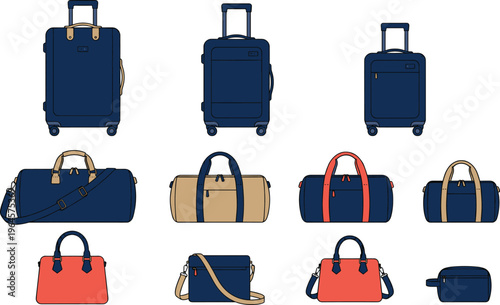 Travel Luggage and Bag Collection Featuring Suitcases, Duffel Bags, Handbags, and Carry On Accessories for Vacation, Tourism, and Journey Design
