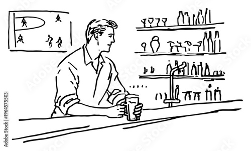 Man sitting at bar counter with beer in pub hand drawn sketch style