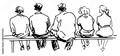 Group of people sitting on a bench seen from behind in hand drawn sketch style