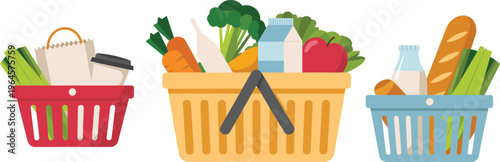 Grocery shopping baskets with fresh vegetables, bread and dairy products vector illustration, eco friendly food, organic market and healthy lifestyle concept