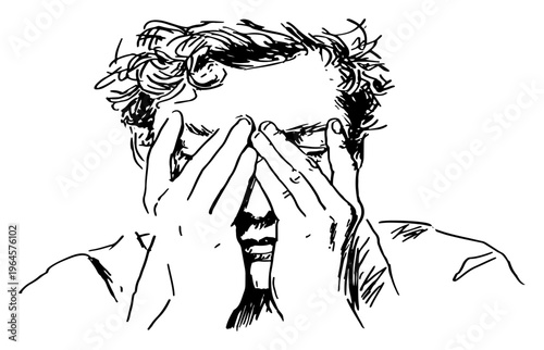 Desperate football fan covering face with hands after loss hand drawn sketch