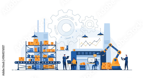 Smart Factory Automation & Logistics: Industrial Robot Arm, Conveyor Belt, and People Managing Warehouse Operations for Modern Supply Chain Technology