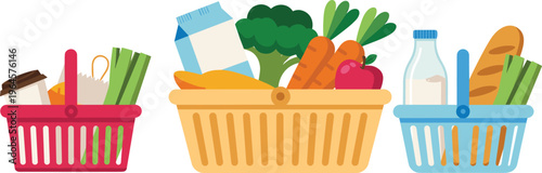 Grocery shopping baskets with fresh vegetables, milk and bread vector illustration, organic food, healthy eating, supermarket concept and eco friendly lifestyle
