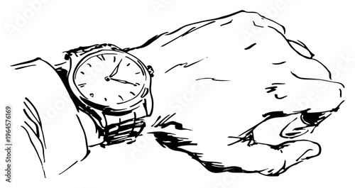 Close up of wrist watch on hand showing time in minimalist sketch style