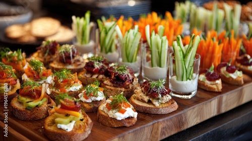 Assortment of delectable hors d'oeuvres on wooden board catering event presentation