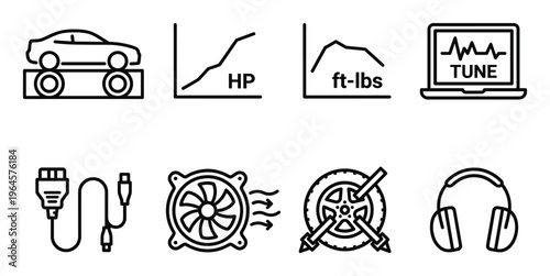 Automotive dyno tuning and ecu diagnostics icon collection for vehicle performance testing services