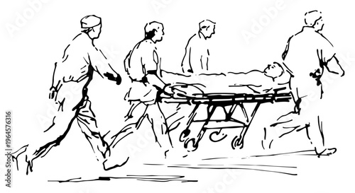 Emergency medical team running with patient on a stretcher ink sketch illustration