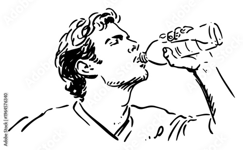 Man drinking water from a plastic bottle after workout ink sketch style