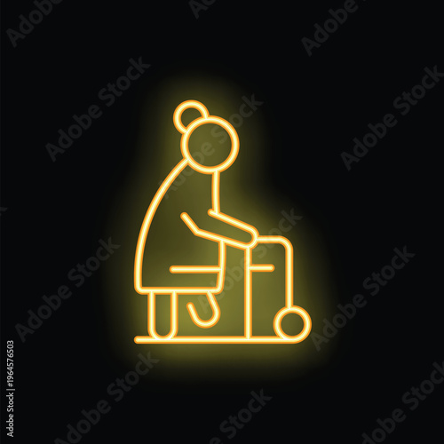 Neon sign of an elderly woman walking with a walker on a black background