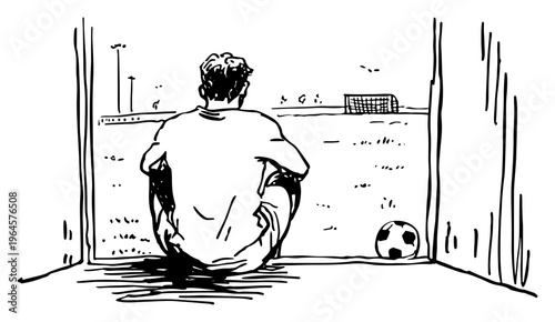 Man sitting and watching a football field with a soccer ball in minimalist black and white sketch style