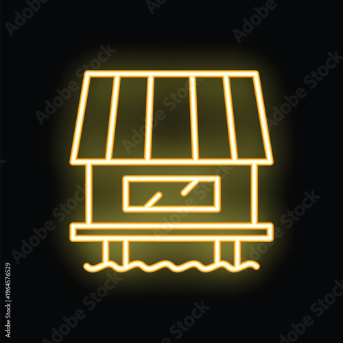 Glowing neon icon of a bungalow on water with stilts, perfect for representing tropical vacations and relaxation