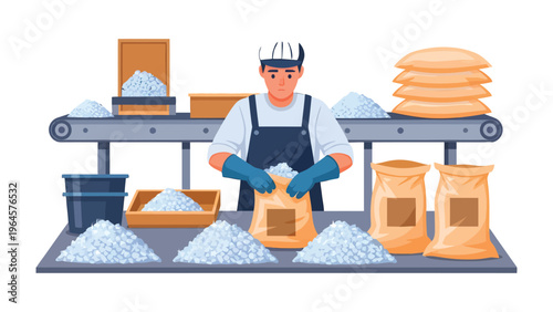 Industrial Packaging Process: An illustration depicting a dedicated worker in a food factory meticulously packaging raw materials.